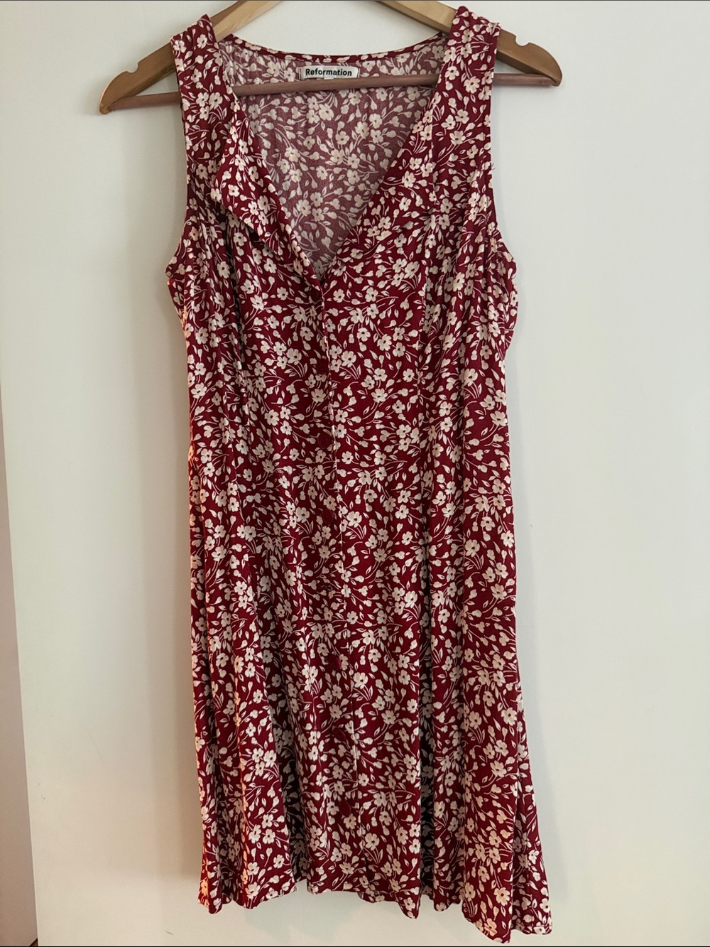 Reformation Burgundy and White Floral V-Neck Dress